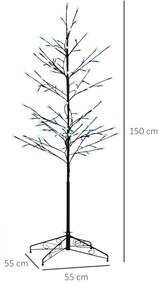HOMCOM Árvore Sintética Altura 150cm com 120 Luzes LED IP44 Ajustável em 7 Modos Ramos Flexíveis e Base de Candeeiro Árvore Iluminada Decoração de Natal para Interiores 55x55x150cm Preto