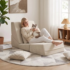 Poltrona-Cama de Chão, 90 x 76 x 74 cm, Convertível 3 em 1, Bege