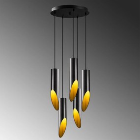 Candeeiro de Teto Kesik – Preto e Dourado – Diâmetro 43 cm, Altura 135
