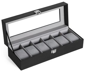 Caixa de relógio SONGMICS com 6 compartimentos, estojo com tampa de vidro, almofadas de veludo para relógio, suporte para relógio com fecho, 11,2 x 30 x 8 cm, ideia para presente, couro sintético preto, forro cinza JWB06BK