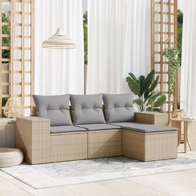 4 pcs conjunto de sofás para jardim c/ almofadões vime PE bege