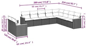 10 pcs conjunto sofás de jardim c/ almofadões vime PE cinzento