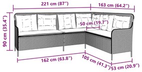 Sofá de jardim em forma de L com almofadões vime PE cinza-claro