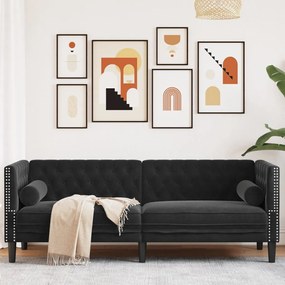 vidaXL Sofá chesterfield com rolos 3 lugares veludo preto