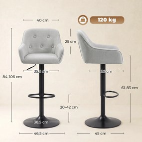 Conjunto de 2 Bancos de Bar, 46,5 x 45 x 106 cm, Altura Regulável, Cinzento