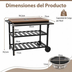 Carrinho de Barbecue com Grelha, 94,5 x 75 x 78,5 cm, Dupla Superfície de Confeção, Castanho + Preto