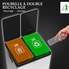 Caixote do lixo duplo para cozinha, 2 x 20 L, 2 tampas com fecho suave, baldes interiores removíveis e pegas