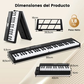 Teclado dobrável de 61 teclas com função Split 3 modos de ensino Microfone com alto-falantes duplos MP3 USB e MIDI 80 x 18,5 x 5,5 cm Preto
