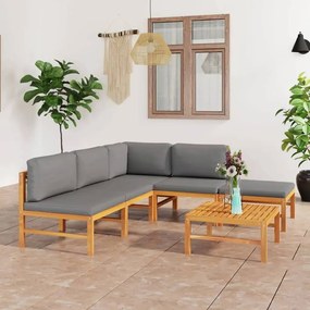 vidaXL 6 pcs conj. lounge jardim c/ almofadões cinzentos teca maciça