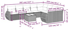 10 pcs conj. sofás jardim com almofadões vime PE cinzento-claro