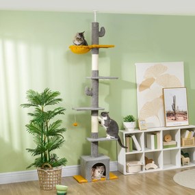Arranhador para gatos, altura 275 cm, 6 níveis para gatos de interior, do chão ao teto, com plataformas e compartimentos abertos, cinzento claro
