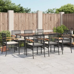 9 pcs conjunto de jantar p/ jardim c/ almofadões vime PE preto