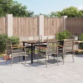 7 pcs conjunto de jantar p/ jardim c/ almofadões vime PE cinza