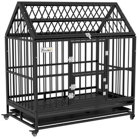 PawHut Gaiola para Cães Grandes 123x74x125 cm Canil Metálico com Rodas Bandeja Removível Trancas e Estrutura de Aço Preto