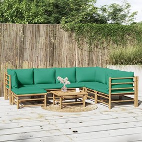 8 pcs conjunto lounge de jardim bambu c/ almofadões verdes