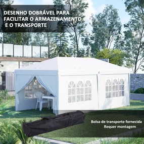 Tenda Dobrável 6x3 m Tenda de Jardim com 6 Painéis 2 Portas com Fecho de Correr 4 Janelas e Bolsa de Transporte Branco