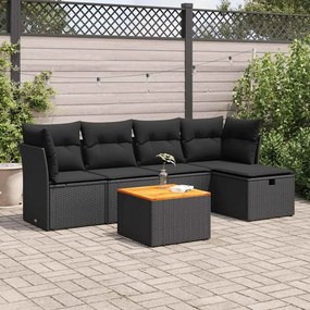 6 pcs conjunto sofás de jardim c/ almofadões vime PE preto