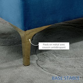 Banco estofado para cabeceira da cama, estilo clássico chique, dim. 118 x 45 x 42 cm, pés em metal dourado, veludo azul