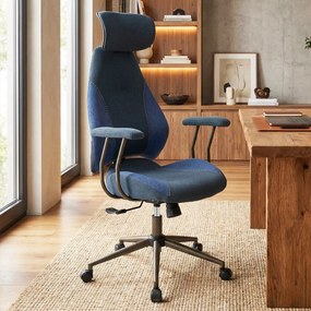 Cadeira de escritório ergonómica com encosto basculante, apoio de cabeça 2D e tecido de linho azul
