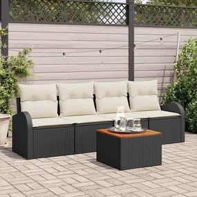 vidaXL Conjunto de Sofá de 5 Peças com Almofadas de Rattan Preto e Madeira de Acácia
