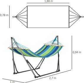 Cama Rede com Suporte Dobrável 2 em 1 Estendal com Barra Estrutura de Aço para Jardim 270x100x94 cm Azul e Verde