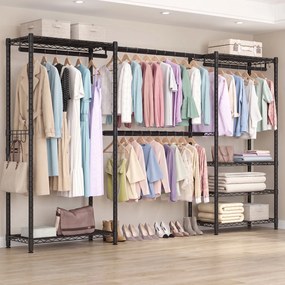 Guarda roupa aberto 40 x (177-220) x 193 cm com ganchos, extensível, com prateleiras ajustáveis e varão aberto para pendurar roupa, preto