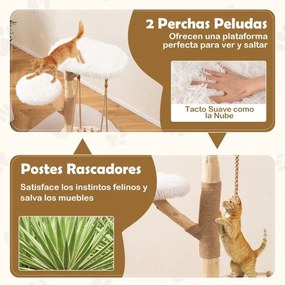 Arranhador para gatos 70 x 50 x 123 cm com rede suspensa, galhos de madeira, postes para arranhar em juta e 2 ganchos Natural + Branco