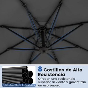 Guarda-sol redondo jardim 294 x 247 cm Guarda-sol suspenso com rotação de 360° Base cruzada 5 inclinações ajustáveis Cinzento