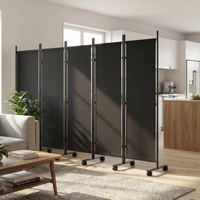 Biombo Dobrável de 5 Painéis com 12 Rodas 252x170 cm Biombo Separador de Ambientes Preto