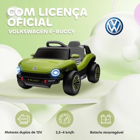 Carro Elétrico para Crianças Volkswagen E-Buggy Bateria 12V com Controlo Remoto 2,4 G Faróis LED Música USB 98x56,5x47 cm Verde