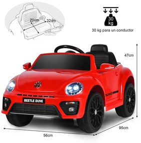 Carro elétrico para crianças bateria 12V Volkswagen Beetle com luzes de controlo remoto e musica 95 x 56 x 47 cm Vermelho