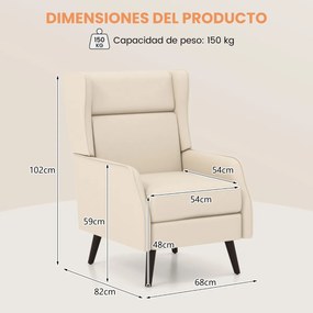 Poltrona de tecido com almofada de assento removível com encosto alto e molas resistentes para sala de estar quarto 68 x 82 x 102 cm Branco