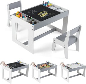 Conjunto Mesa multifuncional infantil com 2 cadeiras e tampo duplo com quadro negro e compartimentos removíveis cinza e branco