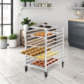 Estante de padaria de alumínio de 10 camadas para uso doméstico e comercial em carrinho de resfriamento de cozinha com rodas