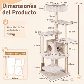 Arranhador para Gatos com Vários Níveis, 86 x 82 x 170 cm, Seis Plataformas e Casota, Bege