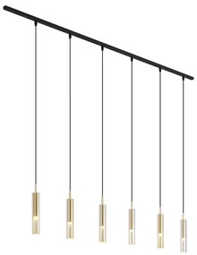 Sistema de calhas de iluminação moderno preto com 6 candeeiros suspensos dourados com vidro âmbar monofásico - Slimline Loyce