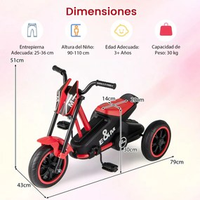 Triciclo para crianças de 3 rodas com pedais para frente/trás vermelho