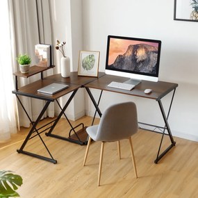 Mesa de computador angular em forma de L com elevação para monitor Ideal para casa e escritório 147 x 112 x 79 cm Castanho