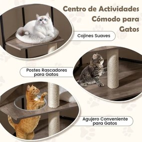 Arranhador para gatos 2 em 1 com recinto para caixa de areia 78 x 50 x 138 cm com 2 postes para arranhar 3 tapetes Orifício Castanho