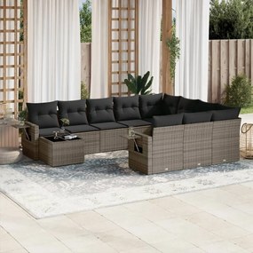 11 pcs conjunto sofás de jardim c/ almofadões vime PE cinzento