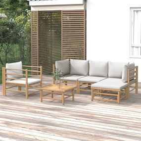 6 pcs conj. lounge de jardim bambu c/ almofadões cinzento-claro