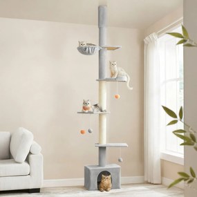 Arranhador para gatos, ajustável em altura, com vários níveis e caverna 70 x 30 x 252 cm cinzento claro