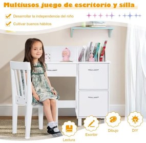 Conjunto de secretária e cadeira para crianças com 4 separadores de livros incorporados, gaveta e armários fechados para meninos e meninas a partir do