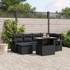 7 pcs conjunto de sofás p/ jardim c/ almofadões vime PE preto