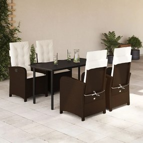 vidaXL 5 pcs conjunto jantar p/ jardim c/ almofadões vime PE castanho