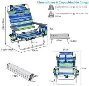 Conjunto de 2 cadeiras reclináveis com mesa de campismo enrolável para exterior Azul+Verde