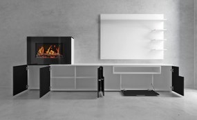 Mobiliário de sala de estar/jantar com lareira eléctrica com 5 níveis de chama, branco mate e acabamento escovado de carvalho claro, medidas: 290x170x