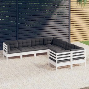 8 pcs conj. lounge de jardim c/ almofadões pinho maciço branco