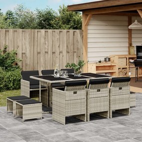 vidaXL 11 pcs conjunto jantar p/ jardim c/ almofadões vime PE cinzento