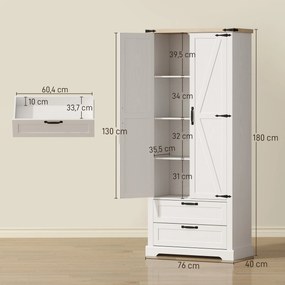 Armário de cozinha 76 x 40 x 180 cm, com 2 portas, 2 gavetas, prateleiras ajustáveis, estilo rústico, branco